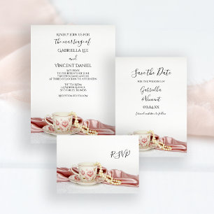 Té floral con carta de respuesta RSVP de la boda d