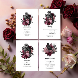 Invitación Vintage Glam Burgundy Owls Gothic Boda QR Code