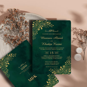 Invitación Royal Emerald Green Gold Floral Islamic Boda