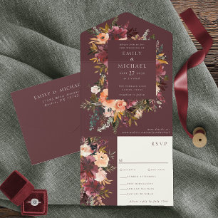 Invitación Marsala Burgundy Peach Watercolor Floral