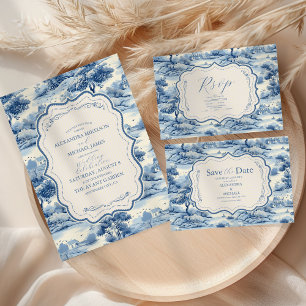 Reserva La Fecha Azul Chinoiserie Porcelana Boda Peony Botánico