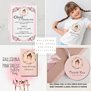 Pegatina Redonda Chica Ballerina con vestido rosa Cumpleaños Baby S