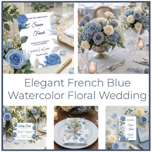 Invitación Elegante Boda Acuarela Rosa Azul Francés