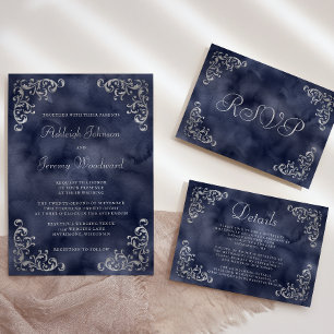 Tarjeta De Confirmación De Asistencia Boda de acuarela azul de la Marina Plata Vintage