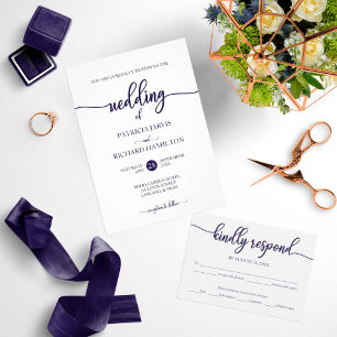 Invitación Elegante Boda De Guión Azul Y Blanco De La Marina