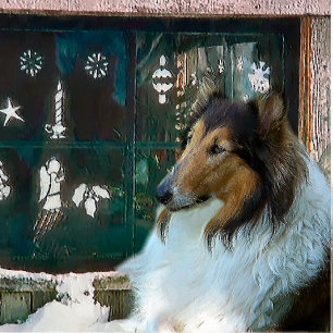 Tarjeta Festiva Navidades Collie en la ventana