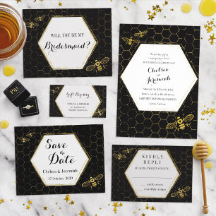 Invitación a la boda personalizada Honey Bee Black