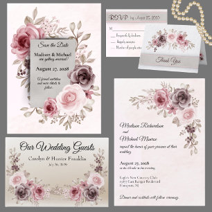 Invitación Flores de época grandiosas en Boda rosa pálido