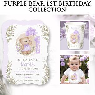 Invitación 1.ᵉʳ Chica de cumpleaños Cute Teddy Oso Globos púr
