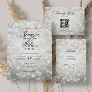 Elegante Bokeh Wedding QR RSVP Luces Silver
