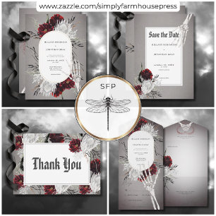 Invitación Amor y huesos Boda rojo floral espeluznante