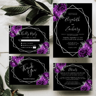 Tarjeta De Agradecimiento Boda Geométrico Negro Morado Floral Plata