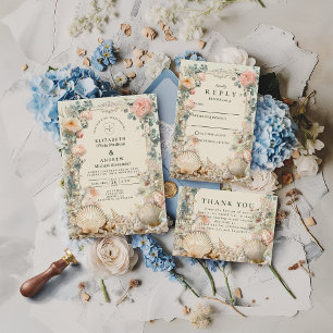 Tarjeta De Agradecimiento Boda Botánica de Conchas Costeras