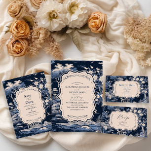 Reserva La Fecha Elegante Boda de tela azul de Jouy