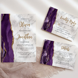 Invitación Boda de caligrafía Purple Gold Marble Agate