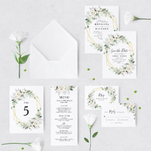 Invitación Boda de marco dorado floral blanco