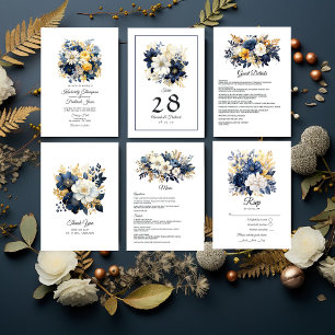 Invitación Boda floral naval, blanco y dorado