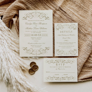 Invitación Boda floreciente de marfil vintage y oro antiguo