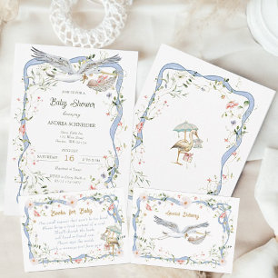 Pegatina Redonda Stork Wildflower Ribbon Baby Shower
