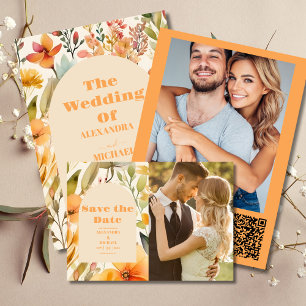 Invitación Todo En Uno Boda de flores silvestres color rosa Naranja acuar