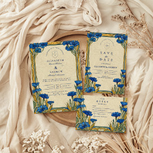 Tarjeta De Agradecimiento Boda Art Nouveau Blue Cornflower