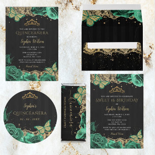 Pegatina Redonda Vintage Green Rosas Black Gold Lace Quinceañera