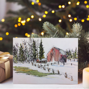 Tarjeta Festiva Paisaje acuático del Barn Rojo de Invierno