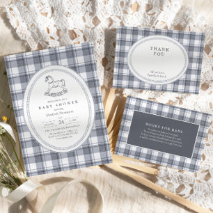 Invitación Ducha de bebé de cuadros prep con caballo mecedor 