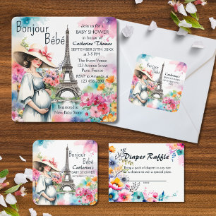 Pegatina Cuadrada Bonjour Bebe Floral Eiffel Torre Paris Baby Shower