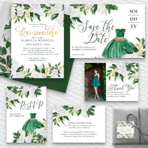 Invitación Quinceanera y misa de la peonía blanca verde esmer