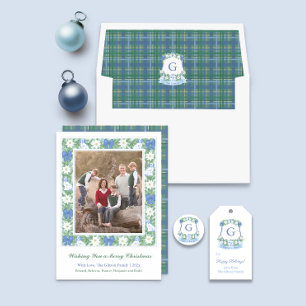 Tarjeta Festiva Elegante Foto Monograma De Navidades Azules Y Blan