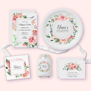 Tarjeta De Agradecimiento Elegante floral rosa rosa 7000 plana de cumpleaños