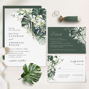 Tarjeta de RSVP de Monstera Verde Salvia Tropical 