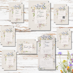 Invitación Todo En Uno Código QR Delicado Boho Wildflowers Cream