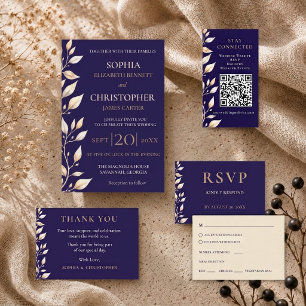 Tarjeta De Agradecimiento Elegante Boda con Borde Botánico en Azul Marino