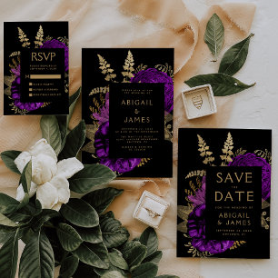 Invitación Dark Floral Purple Gold Wedding Salven la fecha