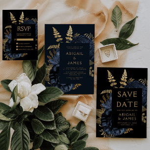 Invitación Elegante Floral Oscuro Naval Azul Dorado Boda