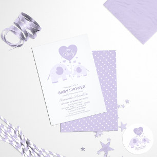 Invitación Lavender Cute Elephant Baby Shower Gracias