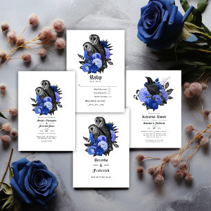 Invitación Vintage Royal Blue Owls Boda gótico Código QR