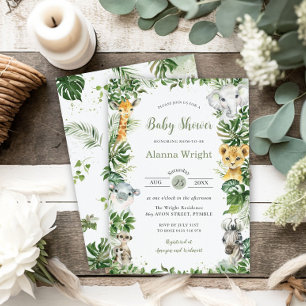 Invitación Moda Greenery Cute Jungle Animales Baby Shower