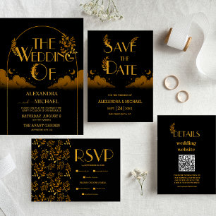 Invitación Todo En Uno Elegante Mystical Black Gold Clouds Moon Boda