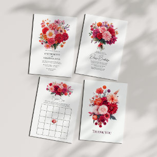 Tarjeta De Agradecimiento Ramillete Floral de Coral Brillante y Fucsia