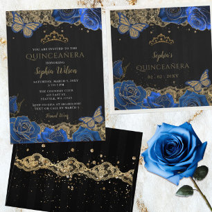Pegatina Redonda Vintage Blue Rosas Black Gold Lace Quinceañera
