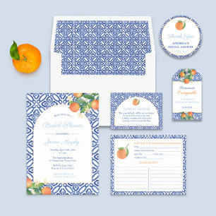 Invitación Naranjas de forma arco Baldosas azules Fiesta de d