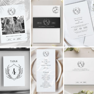 Tarjeta De Recepción Boda escudo Monograma detalles en blanco y negro