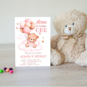 Invitación Oso de peluche rosa y marrón con globos fiesta