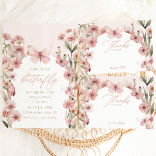 Tarjeta De Agradecimiento Cumpleaños de nuestros Chicas rosados de mariposa