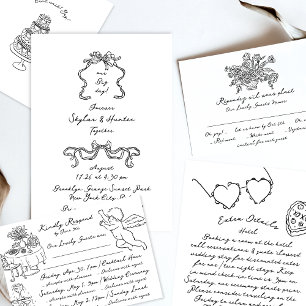 Invitación Boho Doodle manuscrito retro negro y blanco simple