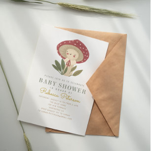 Invitación a Baby Shower con hongos pequeños