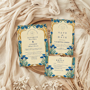 Tarjeta De Agradecimiento Boda Art Nouveau de Cornflower de Oro